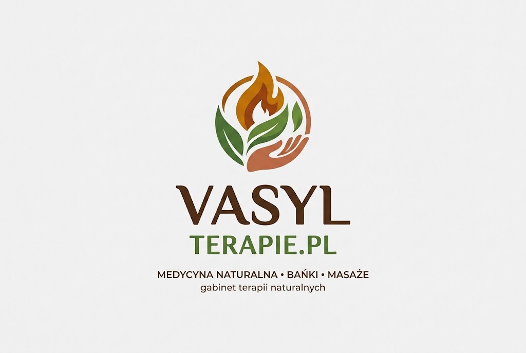 Logo gabinetu Vasyl Terapie z symbolem płomienia, dłoni i liścia – bańki ogniowe oraz masaże ajurwedyjskie