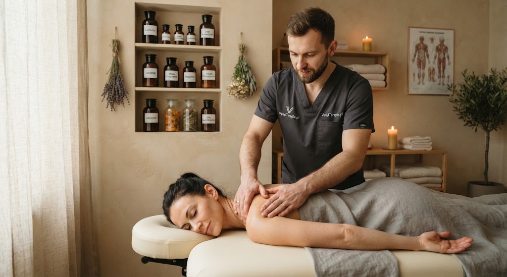 Terapeuta wykonujący profesjonalny zabieg w gabinecie VasylTerapie w otoczeniu naturalnych ziół i ciepłego światła